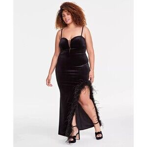 B Darlin Women's Trendy Plus Size Velvet Feather-Trim Gown Maxi Dress Black 20W